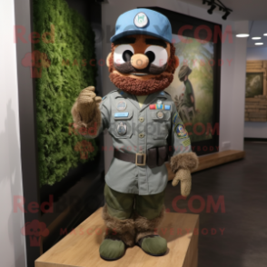 Brown Green Beret mascot costume character dressed with a Chambray Shirt and Rings