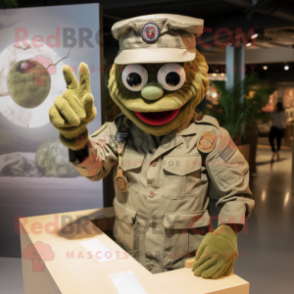 Brown Green Beret mascot costume character dressed with a Chambray Shirt and Rings