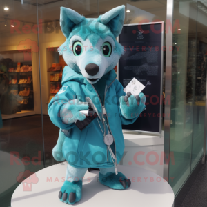 Cyan Dingo mascot costume character dressed with a Coat and Keychains