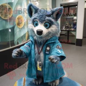Cyan Dingo mascot costume character dressed with a Coat and Keychains