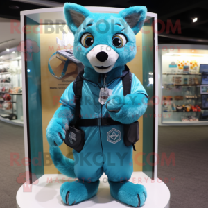 Cyan Dingo mascot costume character dressed with a Coat and Keychains