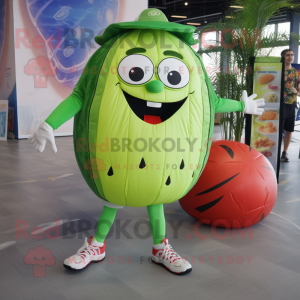 Lime Green Watermelon mascot costume character dressed with a Board Shorts and Foot pads