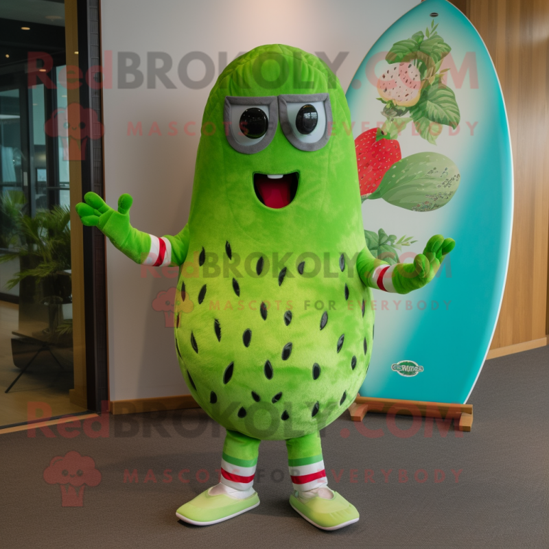 Lime Green Watermelon mascot costume character dressed with a Board Shorts and Foot pads