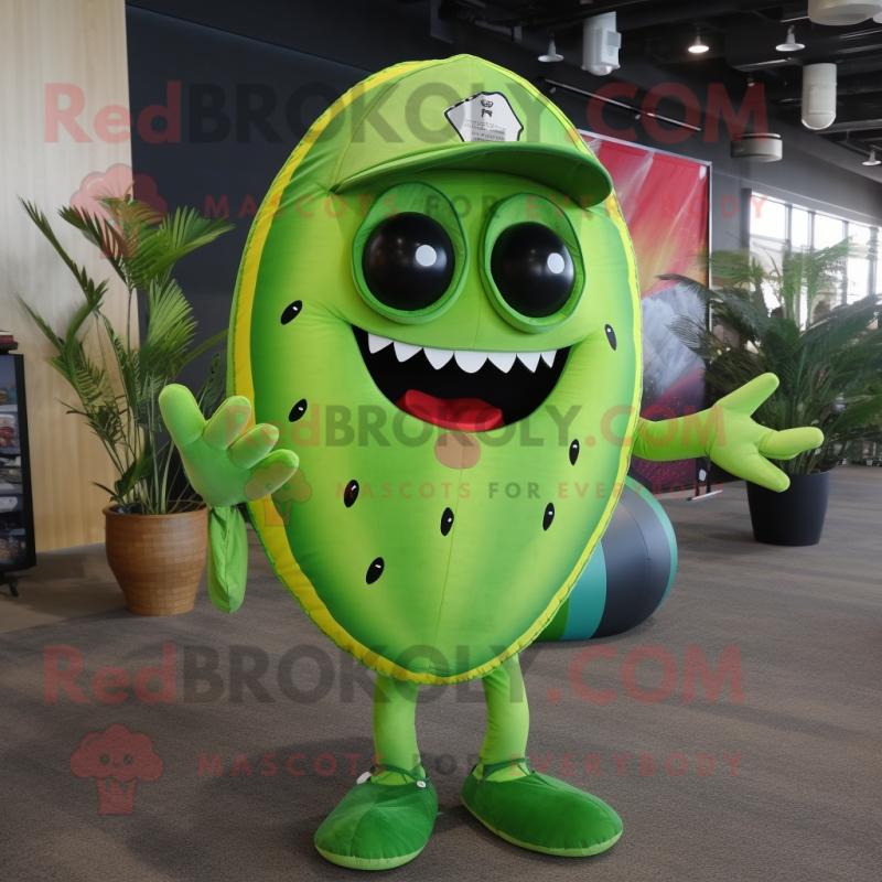 Lime Green Watermelon mascot costume character dressed with a Board Shorts and Foot pads