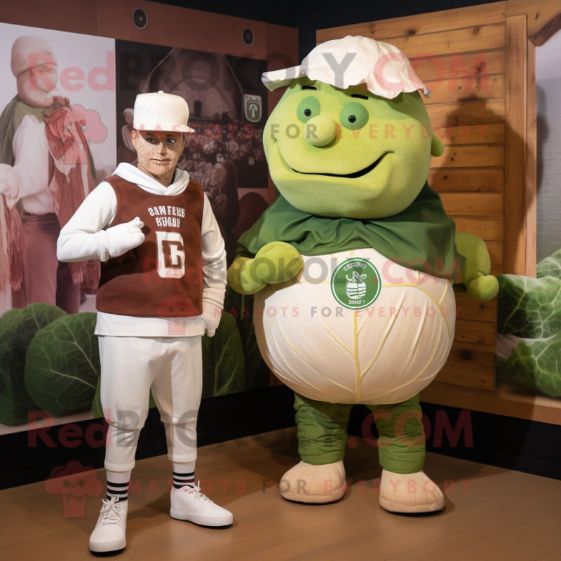 Olive Corned Beef And Cabbage mascot costume character dressed with a Graphic Tee and Berets Olive Corned Beef And Cabbage mascot costume character dressed with a Graphic Tee and Berets