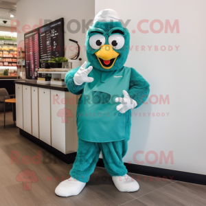 Teal Chicken Parmesan mascot costume character dressed with a Maxi Skirt and Digital watches