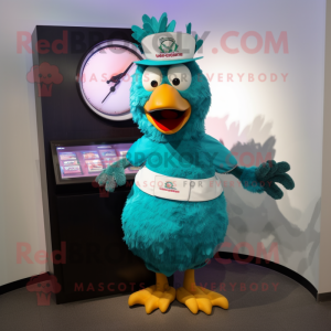 Teal Chicken Parmesan mascot costume character dressed with a Maxi Skirt and Digital watches