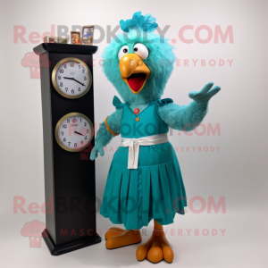 Teal Chicken Parmesan mascot costume character dressed with a Maxi Skirt and Digital watches