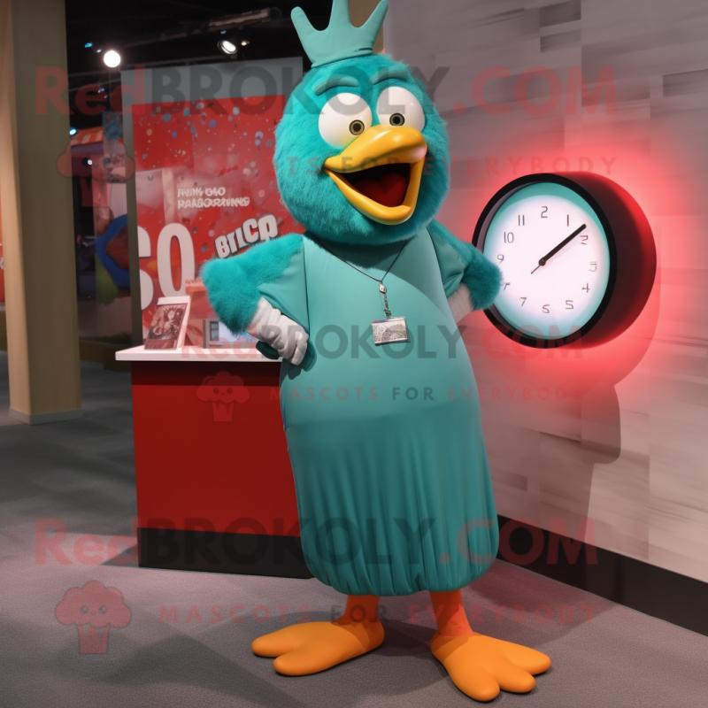 Teal Chicken Parmesan mascot costume character dressed with a Maxi Skirt and Digital watches