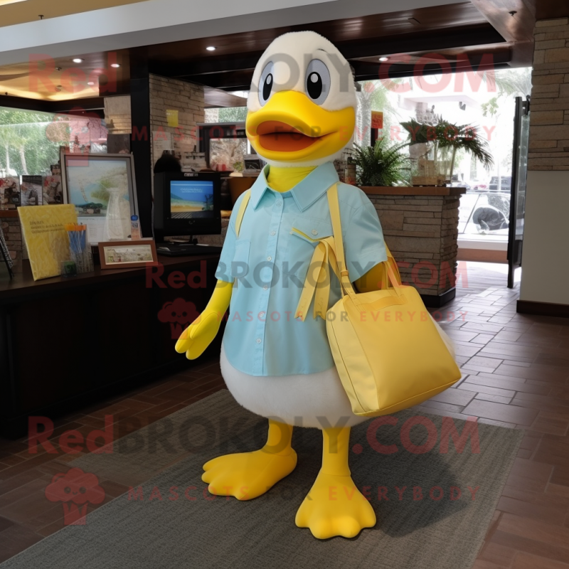 Lemon Yellow Duck mascot costume character dressed with a Dress Shirt and Tote bags