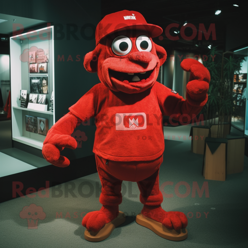 Red Frankenstein mascot costume character dressed with a T-Shirt and Caps