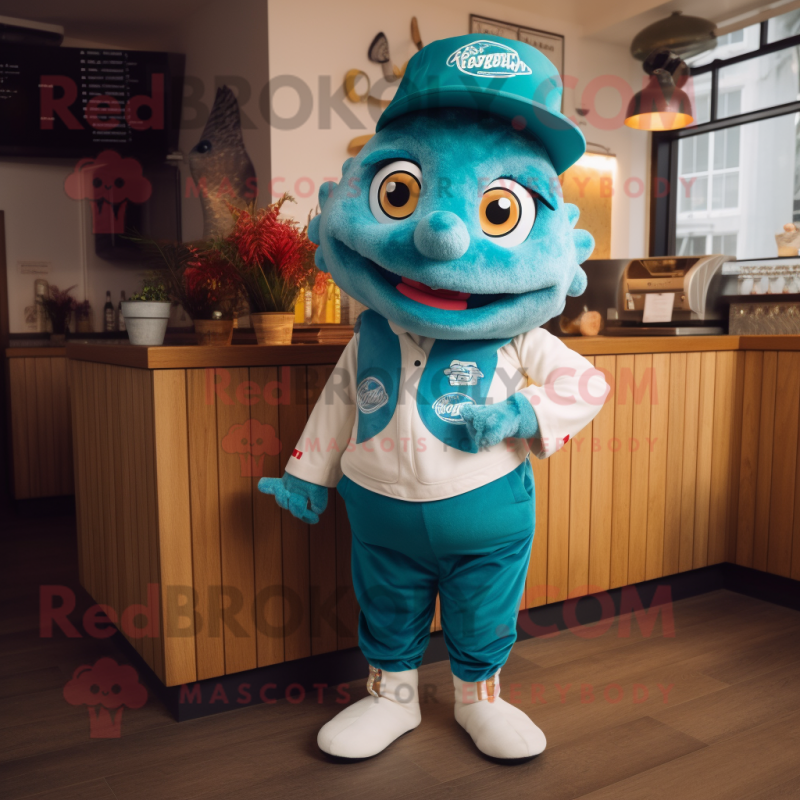 Turquoise Fish And Chips mascot costume character dressed with a Joggers and Berets