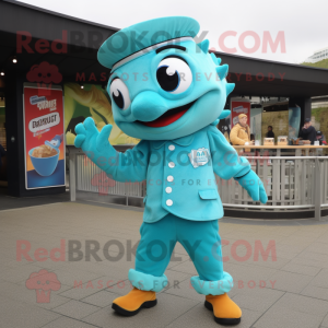 Turquoise Fish And Chips mascot costume character dressed with a Joggers and Berets