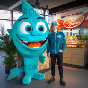 Turquoise Fish And Chips mascot costume character dressed with a Joggers and Berets