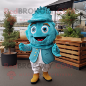 Turquoise Fish And Chips mascot costume character dressed with a Joggers and Berets