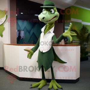 Forest Green Pterodactyl mascot costume character dressed with a Wrap Skirt and Pocket squares