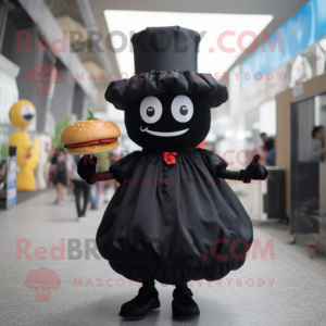 Black Hamburger mascot costume character dressed with a Mini Dress and Hats