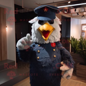 Navy Chicken mascot costume character dressed with a Flare Jeans and Hats