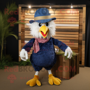 Navy Chicken mascot costume character dressed with a Flare Jeans and Hats
