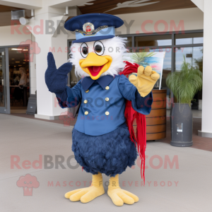 Navy Chicken mascot costume character dressed with a Flare Jeans and Hats