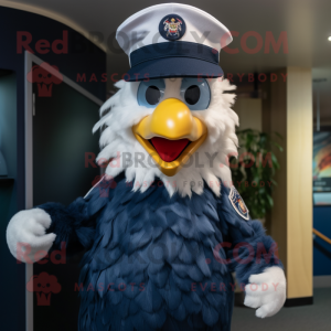 Navy Chicken mascot costume character dressed with a Flare Jeans and Hats