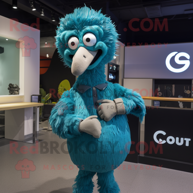 Cyan Ostrich mascot costume character dressed with a Chinos and Smartwatches