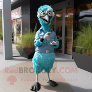 Cyan Ostrich mascot costume character dressed with a Chinos and Smartwatches