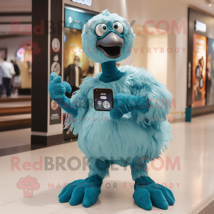 Cyan Ostrich mascot costume character dressed with a Chinos and Smartwatches