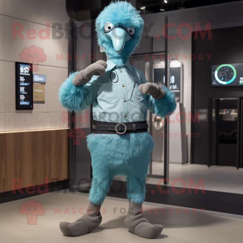 Cyan Ostrich mascot costume character dressed with a Chinos and Smartwatches