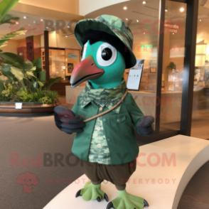 Forest Green Quail mascot costume character dressed with a Rash Guard and Hats