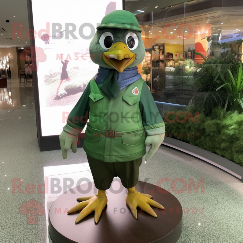 Forest Green Quail mascot costume character dressed with a Rash Guard and Hats