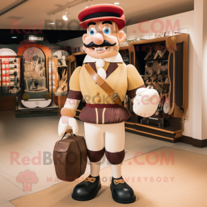 Tan Ring Master mascot costume character dressed with a Rugby Shirt and Handbags