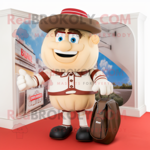 Tan Ring Master mascot costume character dressed with a Rugby Shirt and Handbags