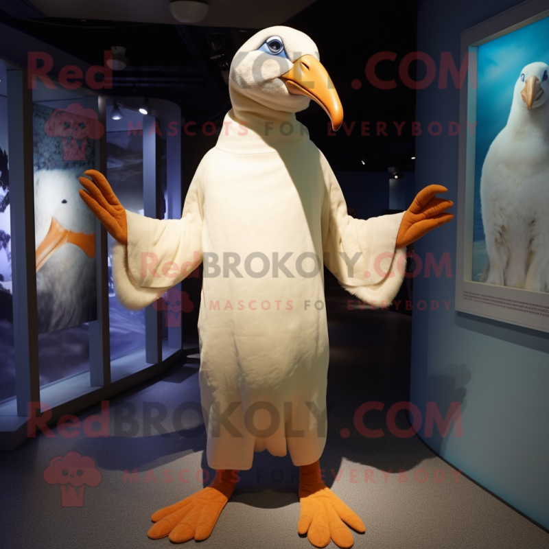 Cream Albatross mascot costume character dressed with a Bodysuit and Cummerbunds Cream Albatross mascot costume character dressed with a Bodysuit and Cummerbunds