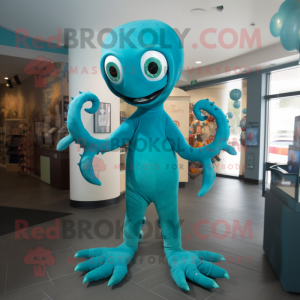 Turquoise Hydra mascot costume character dressed with a Leggings and Tie pins