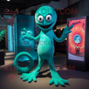 Turquoise Hydra mascot costume character dressed with a Leggings and Tie pins