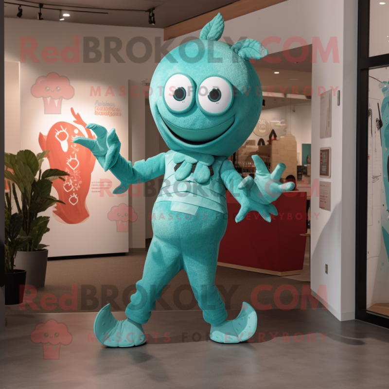 Turquoise Hydra mascot costume character dressed with a Leggings and Tie pins