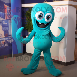 Turquoise Hydra mascot costume character dressed with a Leggings and Tie pins