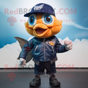 Navy Goldfish mascot costume character dressed with a Biker Jacket and Caps