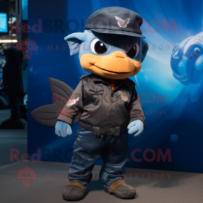 Navy Goldfish mascot costume character dressed with a Biker Jacket and Caps