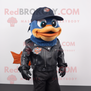 Navy Goldfish mascot costume character dressed with a Biker Jacket and Caps