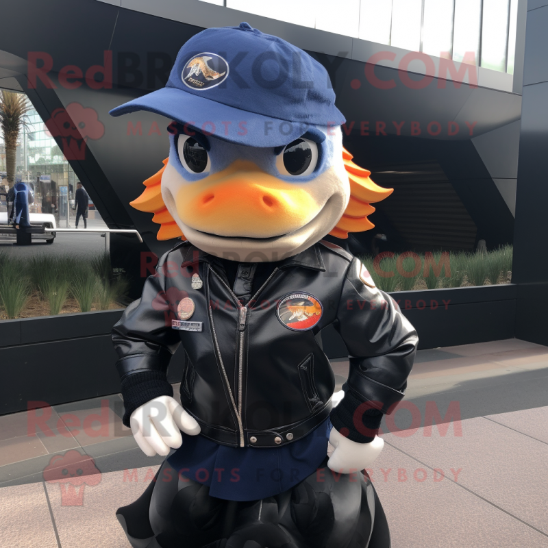 Navy Goldfish mascot costume character dressed with a Biker Jacket and Caps