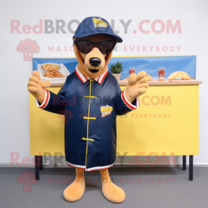 Navy Hot Dog mascot costume character dressed with a Windbreaker and Sunglasses