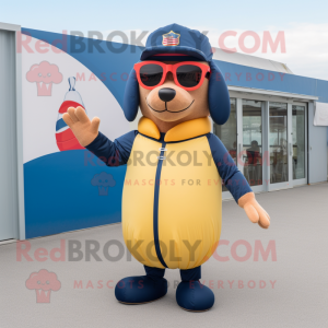 Navy Hot Dog mascot costume character dressed with a Windbreaker and Sunglasses