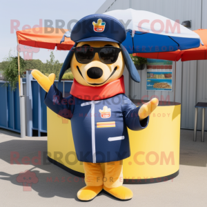 Navy Hot Dog mascot costume character dressed with a Windbreaker and Sunglasses