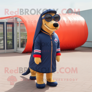 Navy Hot Dog mascot costume character dressed with a Windbreaker and Sunglasses