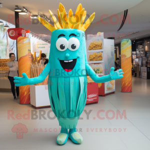 Turquoise French Fries mascot costume character dressed with a Maxi Dress and Anklets