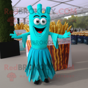 Turquoise French Fries mascot costume character dressed with a Maxi Dress and Anklets