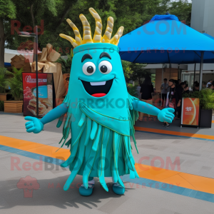 Turquoise French Fries mascot costume character dressed with a Maxi Dress and Anklets