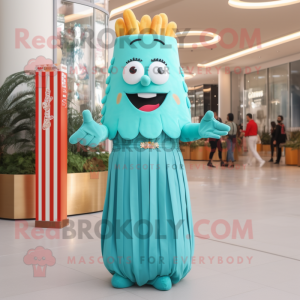 Turquoise French Fries mascot costume character dressed with a Maxi Dress and Anklets
